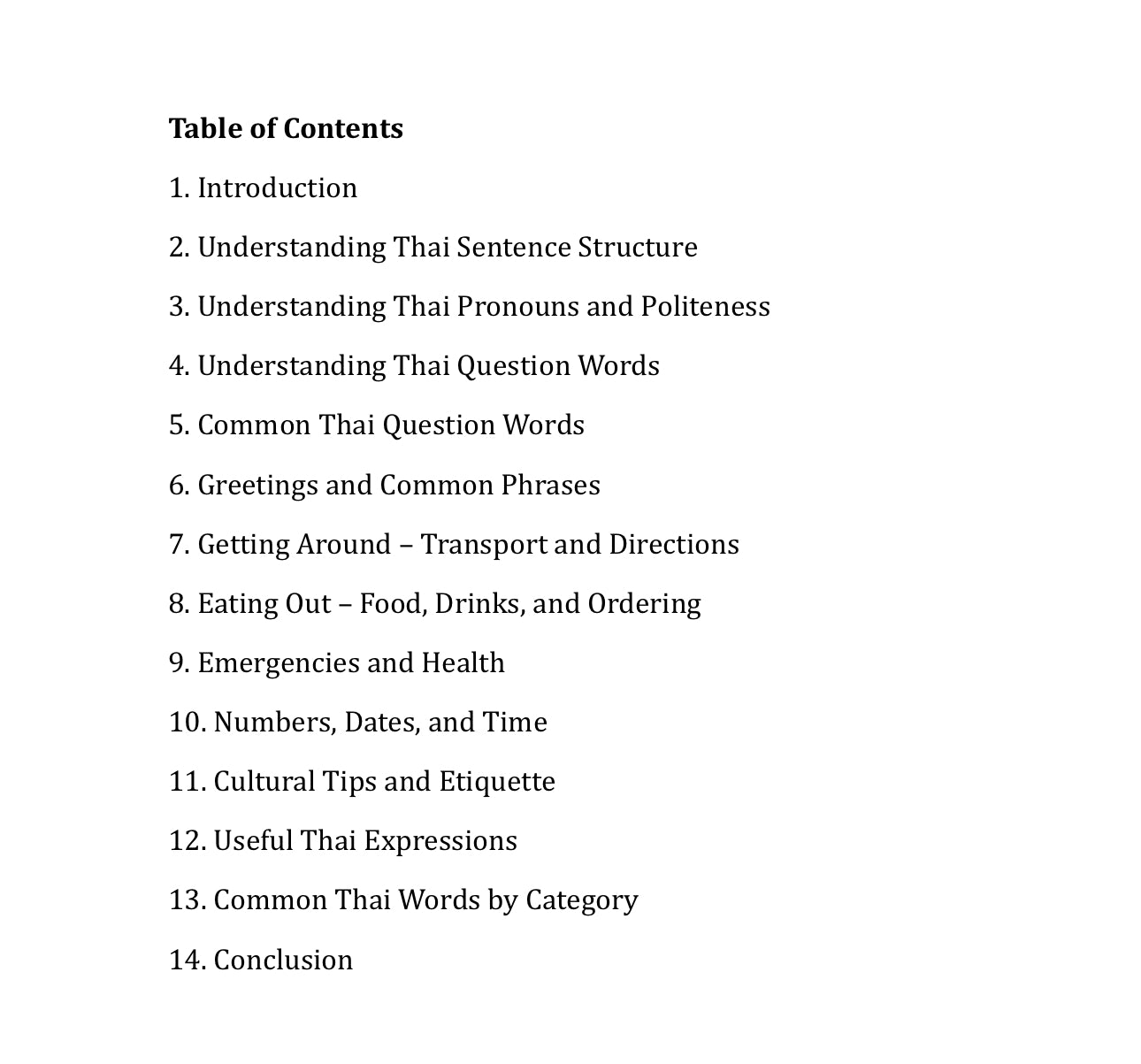 Learn Thai for travellers table of contents
