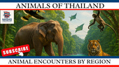 A picture of an elephant, a tiger a monkey and birds. Blog thumbnail with a thin Thai flag border.