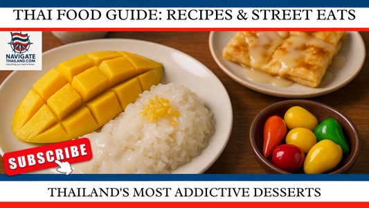 image of Thai desserts: mango sticky rice, banana roti, and colourful mung bean look choop, bordered with a Thai flag in landscape mode.