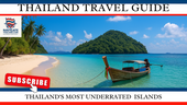 Tropical island with turquoise water, palm trees, and longtail boat anchored near empty beach – hidden Thai island in landscape mode with Thai flag border