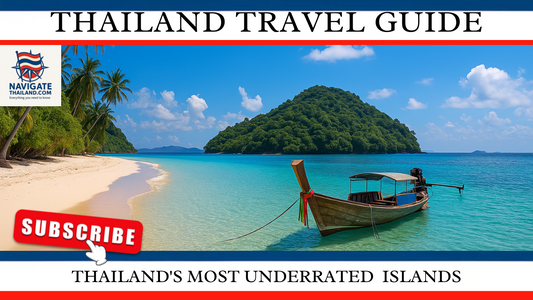 Tropical island with turquoise water, palm trees, and longtail boat anchored near empty beach – hidden Thai island in landscape mode with Thai flag border