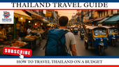 Backpacker walking down a Thai street market with a backpack, food stalls, and tuk tuks — bordered with Thai flag top and bottom.
