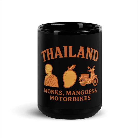 Thailand Monks, Mangoes & Motorbikes Black Glossy Mug - Navigate Thailand